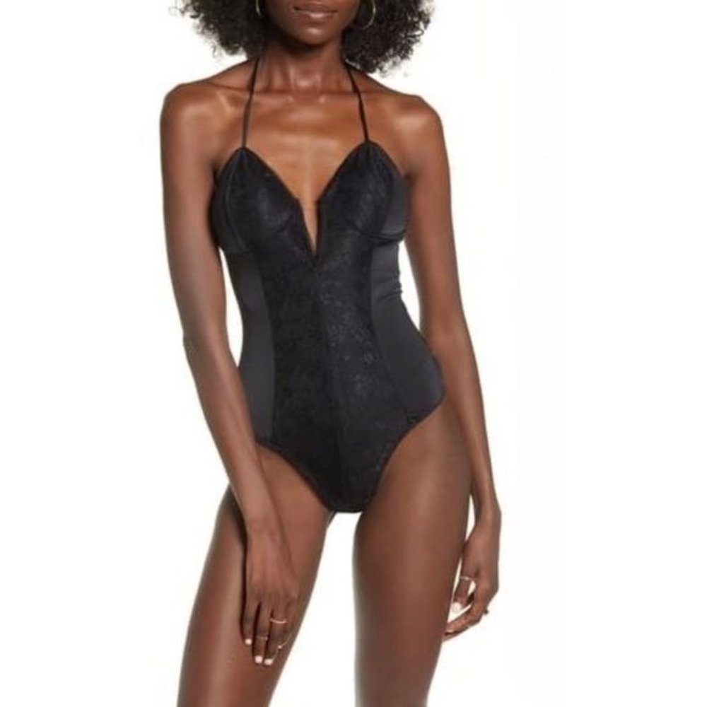 AFRM Black Alie Halter Neck Lace Thong Bodysuit